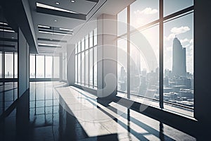 Modern empty office interior with panoramic city view and sunlight Generative AI