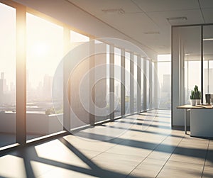 Modern empty office interior with panoramic city view and sunlight Generative AI