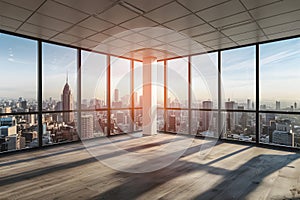 Modern empty office interior with panoramic city view and sunlight, representing contemporary workspace