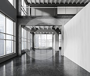 Modern empty office interior with wall partition, panoramic window on city view