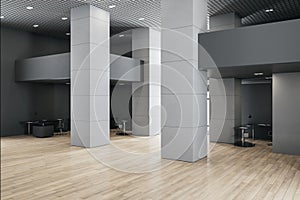 Modern empty office interior with wooden flooring.