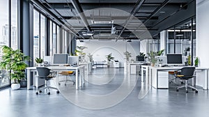 Modern Office Space with Desks, Computers, and City View