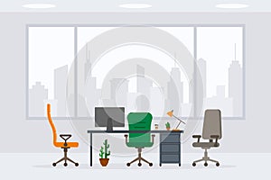 Modern empty office working place front view vector illustration flat style table desk chair computer desktop isolated cityscape