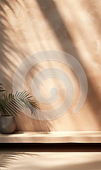 Modern empty pastel brown concrete counter table top in sunlight palm leaf shadow on stucco texture wall for luxury organic