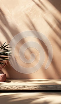 Modern empty pastel brown concrete counter table top in sunlight palm leaf shadow on stucco texture wall for luxury organic