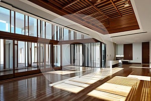 Modern empty room with large windows, wooden floors and ceiling, casting sunlight shadows