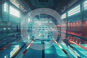 Modern empty sports pool with swimming lanes. Generated by artificial intelligence