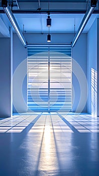 Modern Empty Studio Space With Sunlight Streaming Through Blinds Casting Dramatic Shadows