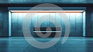 Modern empty subway station with bench and blue lighting.