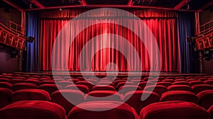 A modern, empty theater with a huge red curtain and neatly arranged rows of seats. Generative AI