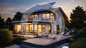 Modern energy-efficient house with solar panels on the roof photo