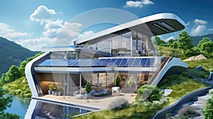 Modern energy-efficient house with solar panels on the roof photo
