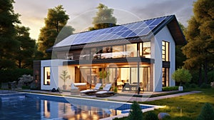 Modern energy-efficient house with solar panels on the roof photo