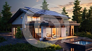Modern energy-efficient house with solar panels on the roof