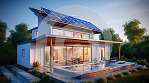 Modern energy-efficient house with solar panels on the roof photo