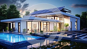 Modern energy-efficient house with solar panels on the roof photo