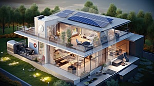 Modern energy-efficient house with solar panels on the roof photo