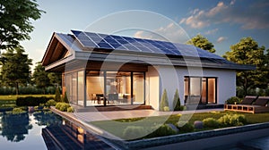 Modern energy-efficient house with solar panels on the roof photo