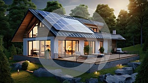 Modern energy-efficient house with solar panels on the roof photo