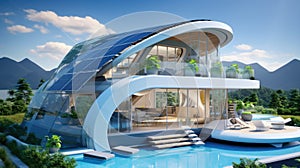 Modern energy-efficient house with solar panels on the roof photo