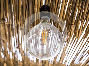 Modern energy-saving filament led bulb in a house with a thatched roof, modern technology, ecology concept