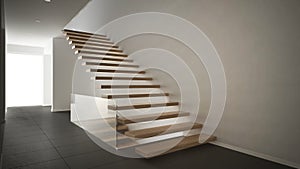 Modern entrance hall with wooden staircase, minimalist white and