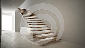 Modern entrance hall with wooden staircase, minimalist white int