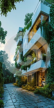 modern Environmentally friendly apartment block with greenery