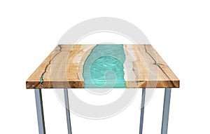 Modern epoxy dining table on white background. Side view. Interior element