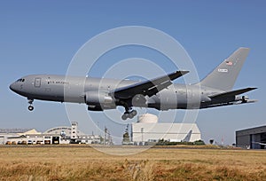 KC46 Boeing military tanker aircraft landing side view