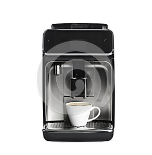 Modern espresso machine with cup of coffee isolated on white