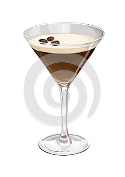 Modern Espresso martini cocktail illustrated on white background. Vector file.