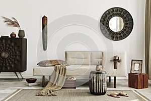 Modern ethnic living room interior with design chaise lounge, round mirror, furniture, carpet, decoration, stool and elegant.