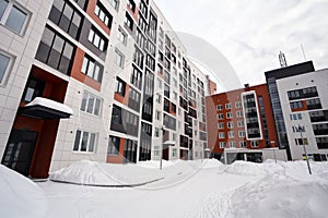 A modern European complex of apartment buildings. Winter. Outdoors