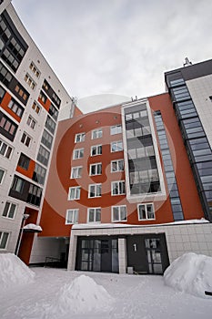 A modern European complex of apartment buildings. Winter. Outdoors