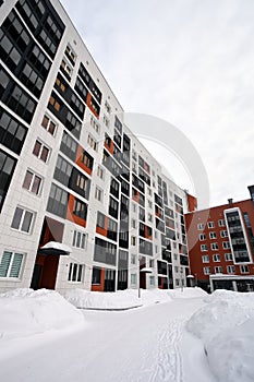 A modern European complex of apartment buildings. Winter. Outdoors