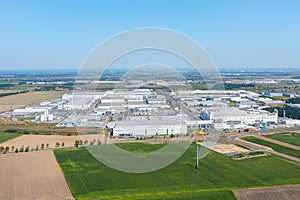 Modern European industry. Lots of industrial buildings, a large factory for the production of modern electronics, aerial view