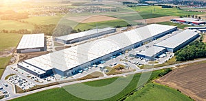 Modern European logistics warehouse for worldwide delivery of goods, warehouse, aerial view