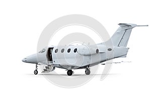 Modern executive aircraft with an opened gangway door isolated on white background