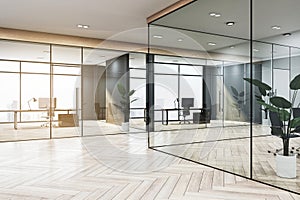 Modern executive office with glass partitions reflecting the urban skyline. Interior design concept.