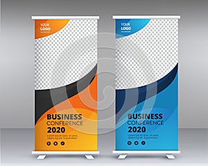 Modern Exhibition Advertising Trend Business Roll Up Banner Stand Poster Brochure flat design template creative concept.