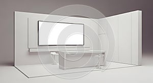 Modern Exhibition Booth with Blank Screen and Counter