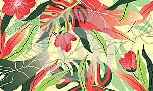 Modern exotic jungle plants illustration pattern