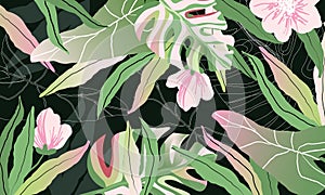 Modern exotic jungle plants illustration pattern