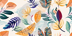 Modern exotic jungle plants illustration pattern. Creative collage contemporary seamless pattern