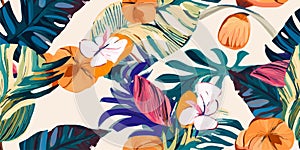 Modern exotic jungle plants illustration pattern. Creative collage contemporary seamless pattern