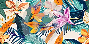 Modern exotic jungle plants illustration pattern. Creative collage contemporary seamless pattern