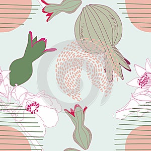 Modern exotic pomegranate plant illustration pattern. Contemporary floral seamless pattern.