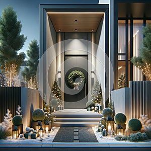 Modern Expensive Home Front Entrance Door Decorations Christmas Holiday Celebrating Season Wreath AI Generated