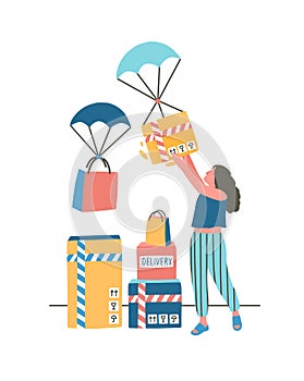 Modern express delivery flat vector illustration. Young lady receiving parcel via airdrop cartoon character